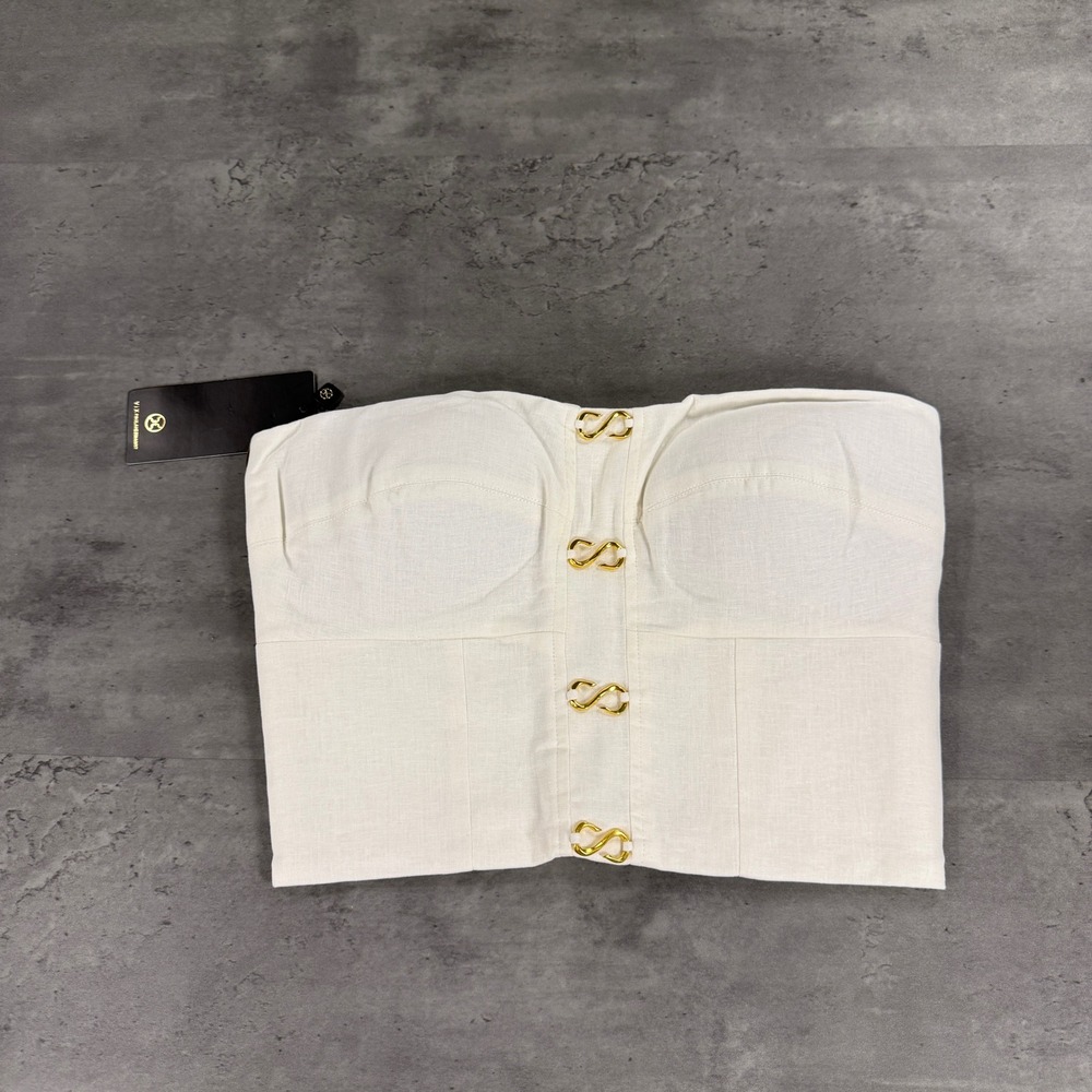 iX Paula Hermanny Top Women L Nora Gold White Linen Blend Strapless NEW $258